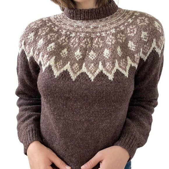 Vintage Womens Hand Knit 100% Wool Brown Fair Isle Scandinavian Sweater Sz M - Picture 4 of 10